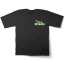 Front view of a T-shirt with 'Tire Streets' written in puffy smoke-style text, combining automotive branding with a playful 420-inspired design.