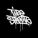Close-up of the back of the Tire Streets T-shirt showing the bold, graffiti-style 'I Am For The Streets' lettering in white ink on black fabric.