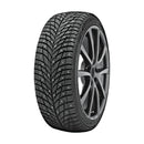 Angled view of the Accelera X-Grip Studdable winter tire, showcasing its directional tread pattern, dense edge blocks, continuous center rib, and stud holes for enhanced traction in harsh winter conditions.