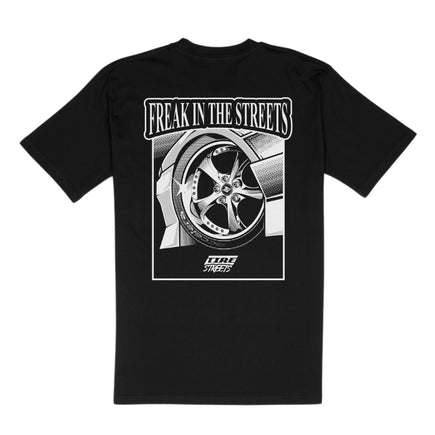 Back view of the Tire Streets 'Freak in the Streets' black T-shirt showing a large tire graphic with 'Freak in the Streets' text for a bold motorsport style