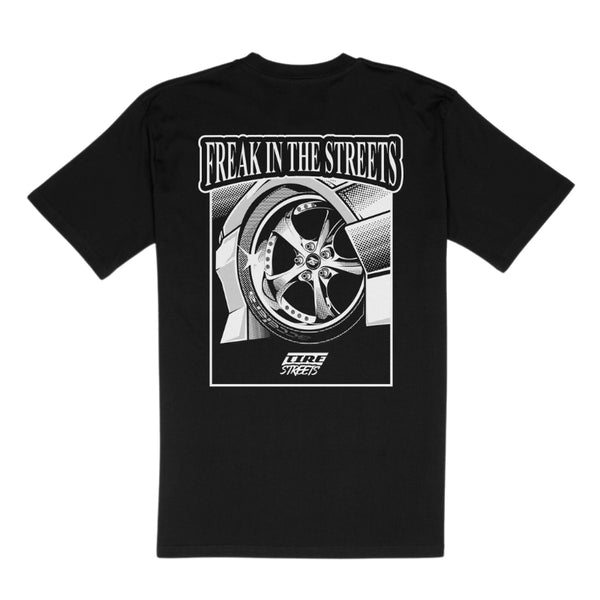 Back view of the Tire Streets 'Freak in the Streets' black T-shirt showing a large tire graphic with 'Freak in the Streets' text for a bold motorsport style