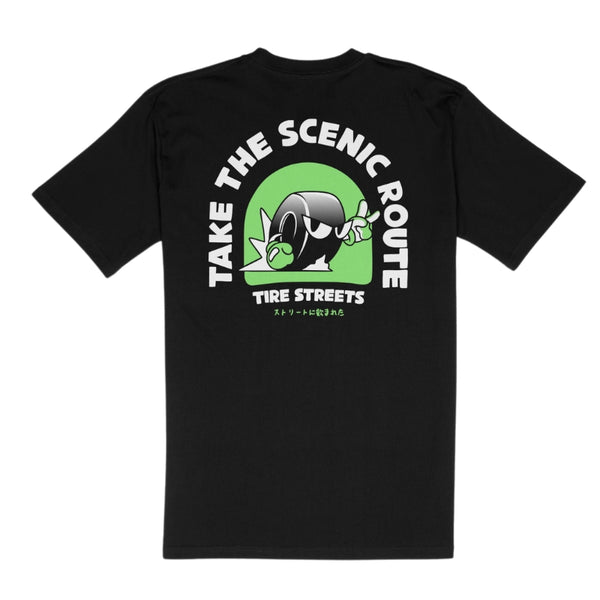Back view of the Tire Streets 'Take the Scenic Route' T-shirt displaying a playful wheel mascot graphic with the phrase 'Take the Scenic Route' in bold lettering.