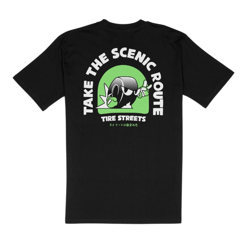 Back view of the Tire Streets 'Take the Scenic Route' T-shirt displaying a playful wheel mascot graphic with the phrase 'Take the Scenic Route' in bold lettering.