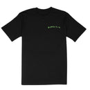Front view of the Tire Streets 'Take the Scenic Route' black T-shirt featuring sleek green Japanese text on a mid-weight cotton fabric for a JDM-inspired look
