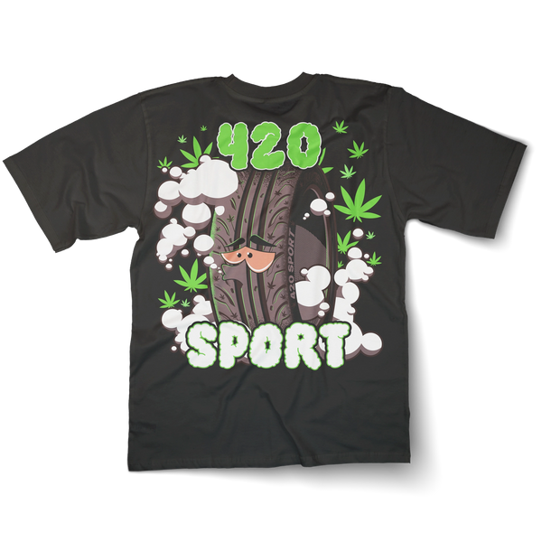 Graphic T-shirt featuring a parody 420 Sport Tire design with smoke effects and a cannabis-inspired vibe, blending car culture with stoner humor.