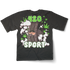 Graphic T-shirt featuring a parody 420 Sport Tire design with smoke effects and a cannabis-inspired vibe, blending car culture with stoner humor.