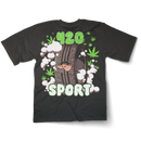 Graphic T-shirt featuring a parody 420 Sport Tire design with smoke effects and a cannabis-inspired vibe, blending car culture with stoner humor.