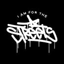 Close-up of the front of the Tire Streets 'For the Streets' T-shirt showing the hand-drawn Tire Streets logo in graffiti-style lettering on black cotton fabric.